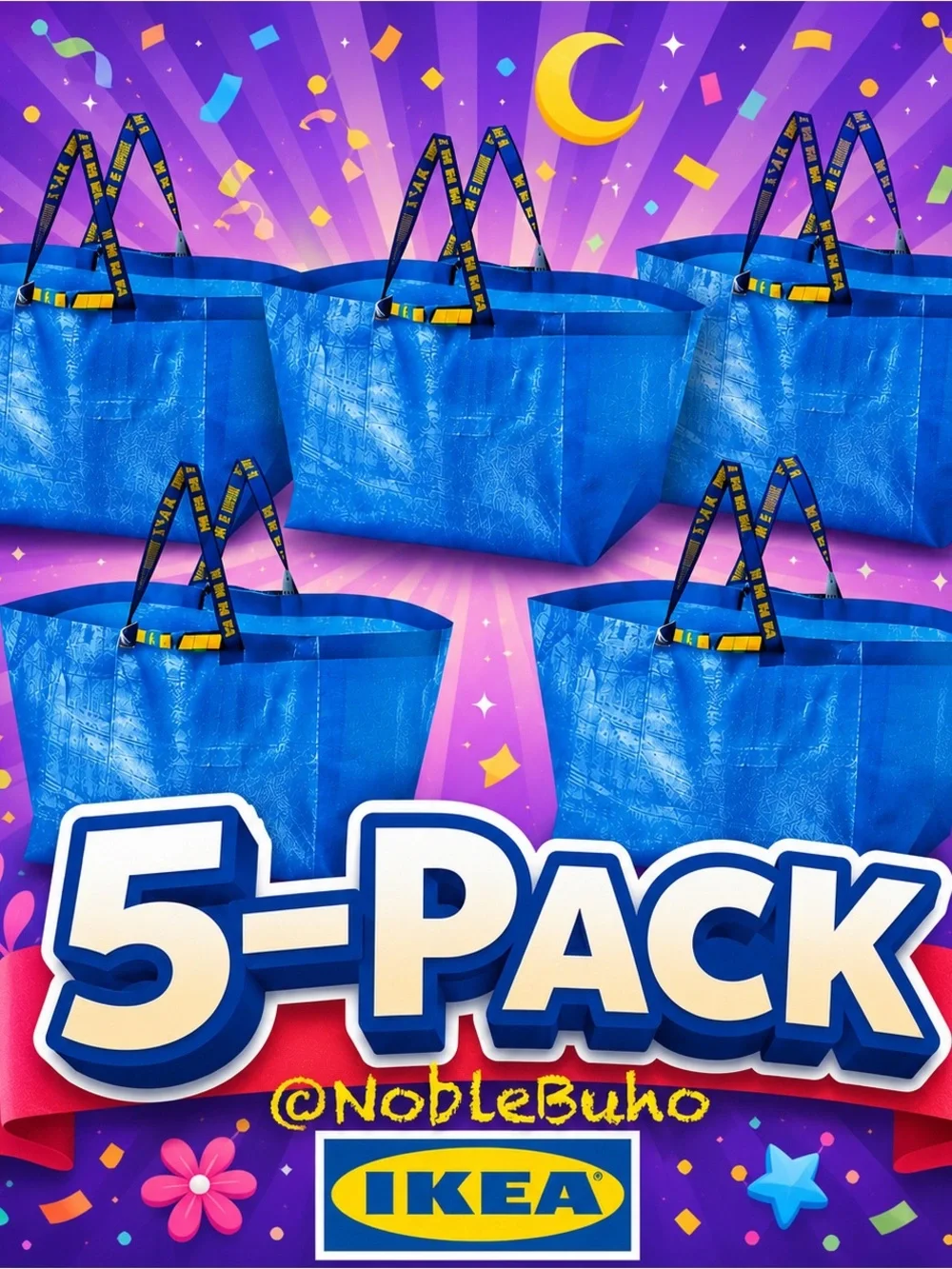 IKEA Blue Reusable Tote Bags - 5-PACK Shopping Bag Frakta Laundry Tote